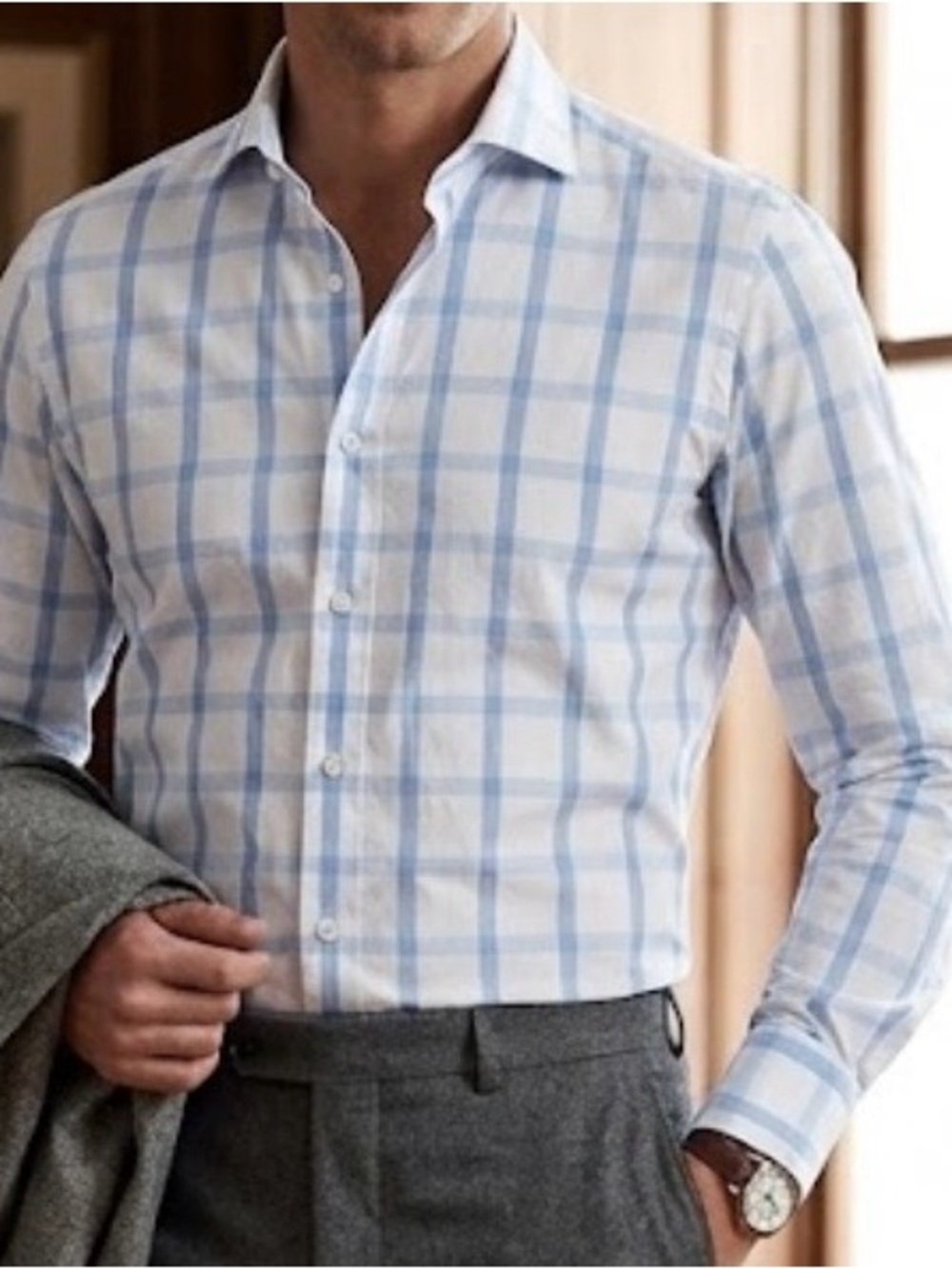 Men's Blue Windowpane Dress Shirt - Classic Spread Collar